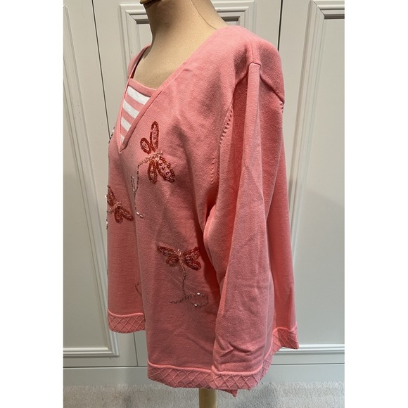 Quacker Factory Pink Butterfly Knit Sweater Top Size XL Beaded  Sequin Whimsical - Picture 3 of 8